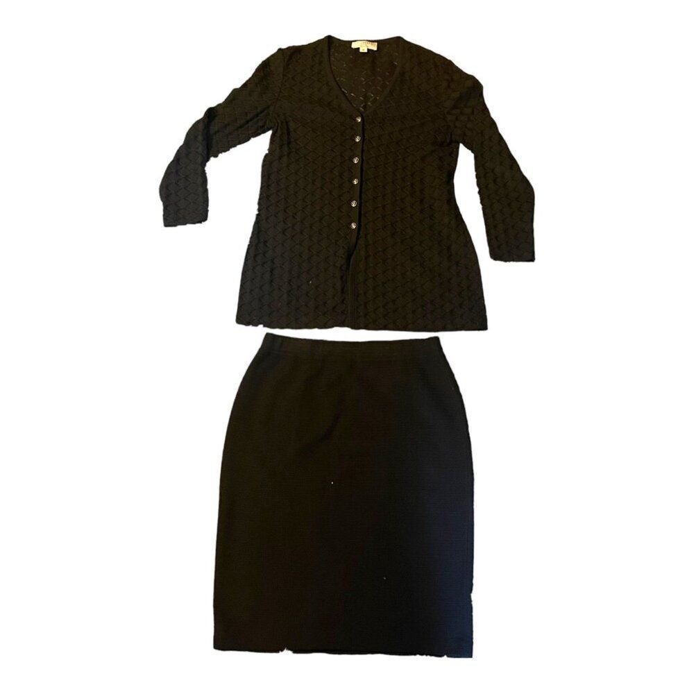 St. John Navy Blue Santana Knit Cardigan & Skirt Suit Set By Marie Gray Size 10